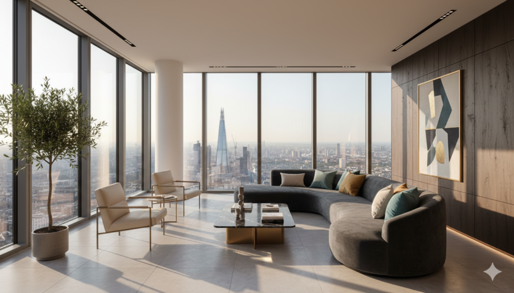 Picture of the Shard and London skyline in the background of a apartment living room.
