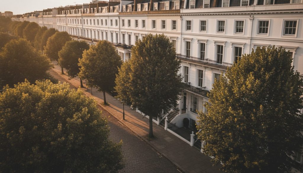 A row of white georgian townhouses with black iron railings and sash windows, bordered by lush green trees and a cobblestone street under warm sunset light.