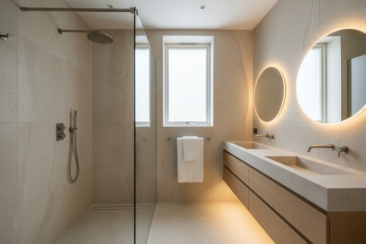 Modern bathroom refurbishment with walk-in rainfall shower