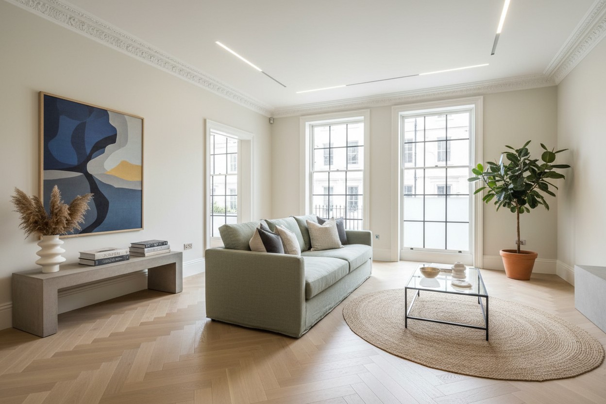 Contemporary living space with herringbone oak flooring